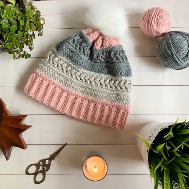 Pink cream and grey persinette crochet hat with white faux fur pom