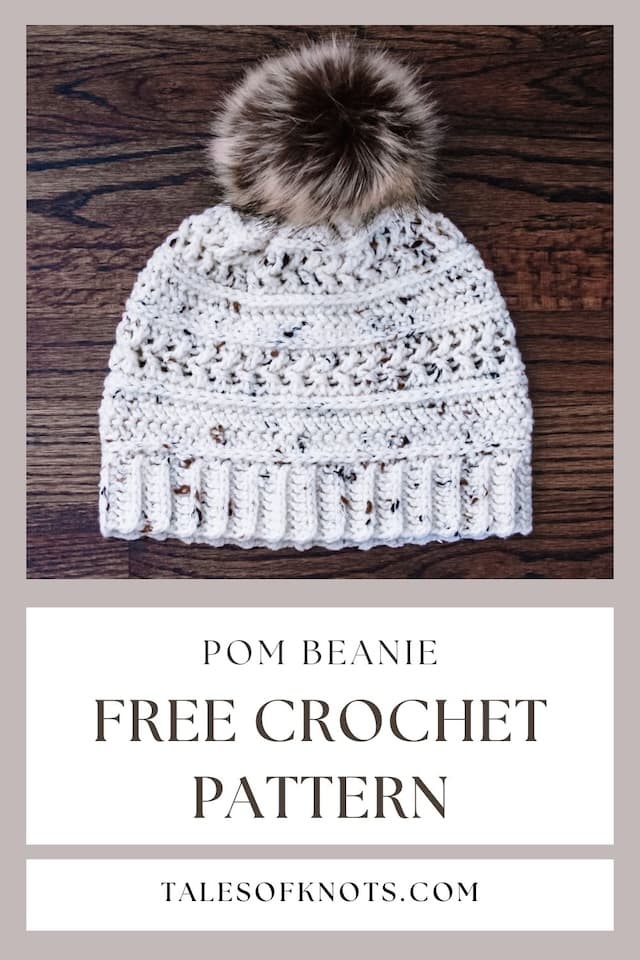 cream and tweed crochet hat with faux fur pom