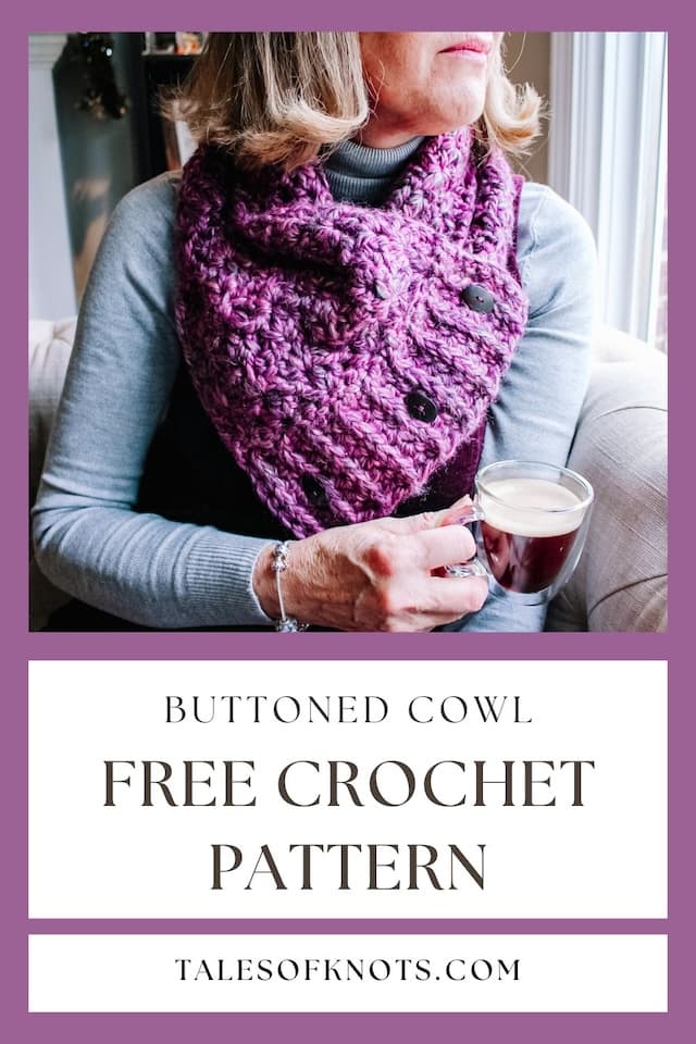Blond woman sitting in profile with an espresso, wearing a thick purple crochet buttoned cowl