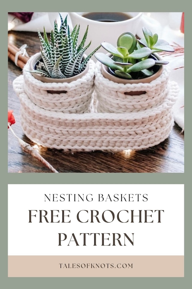 cream crochet nesting pots with two round pots containing small succulents in terracotta pots, nestled inside a larger oval nesting basket