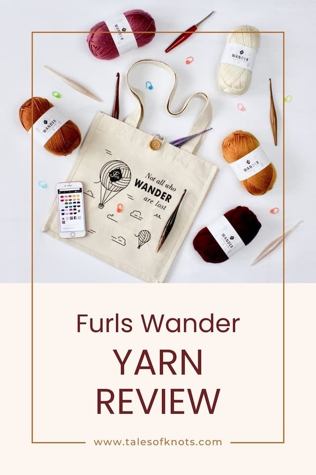 5 skeins of furls wander acrylic yarn, crochet hooks, stitch marker and a Wander Tote