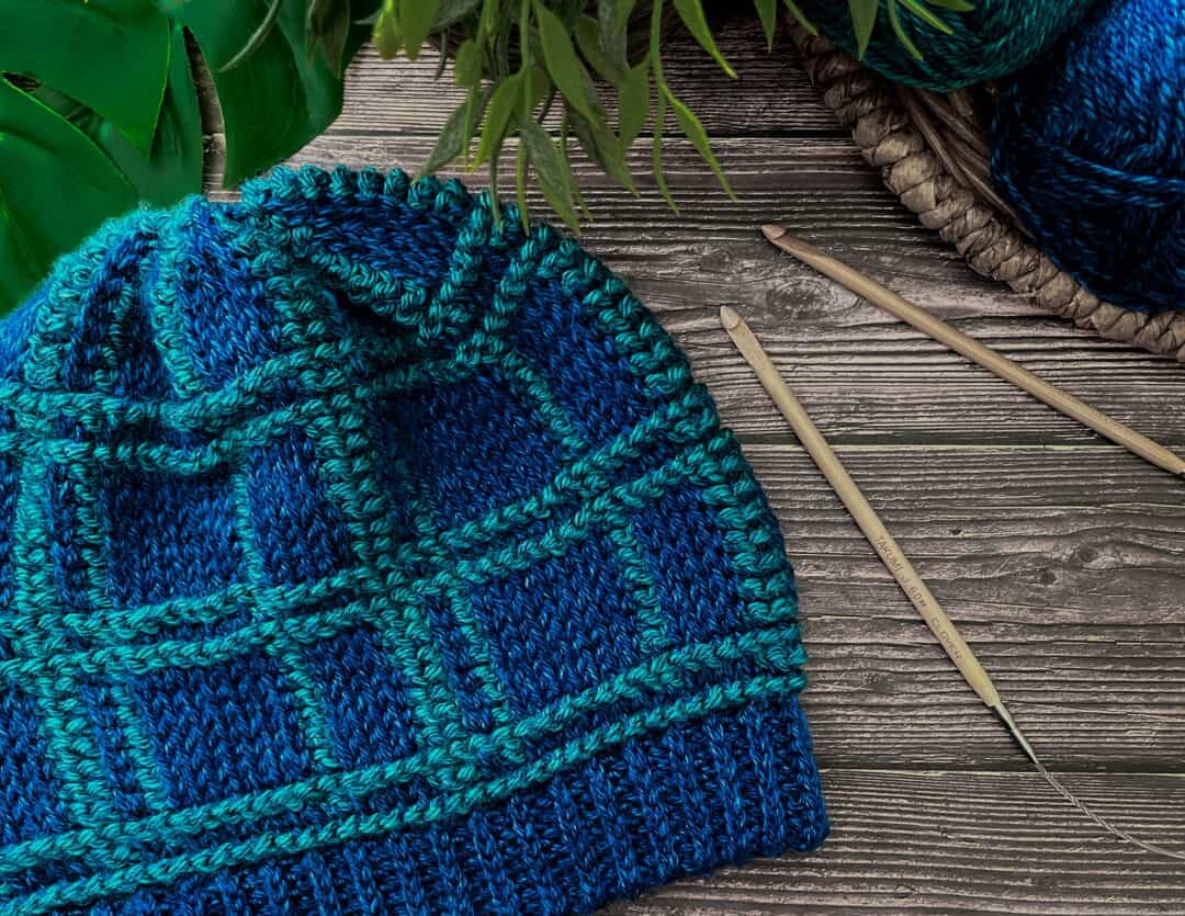 Beginner-friendly, reversible, tunisian crochet beanie design in blue and green