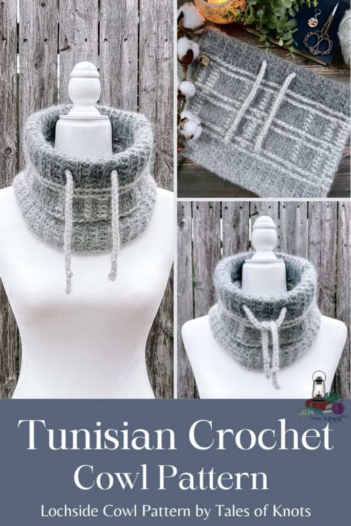 Modern two-tone plaid Tunisian Crochet Cowl with drawstring