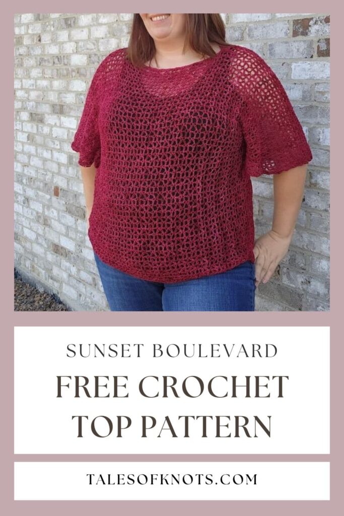 Red floaty crochet top in size 2x on plus size model