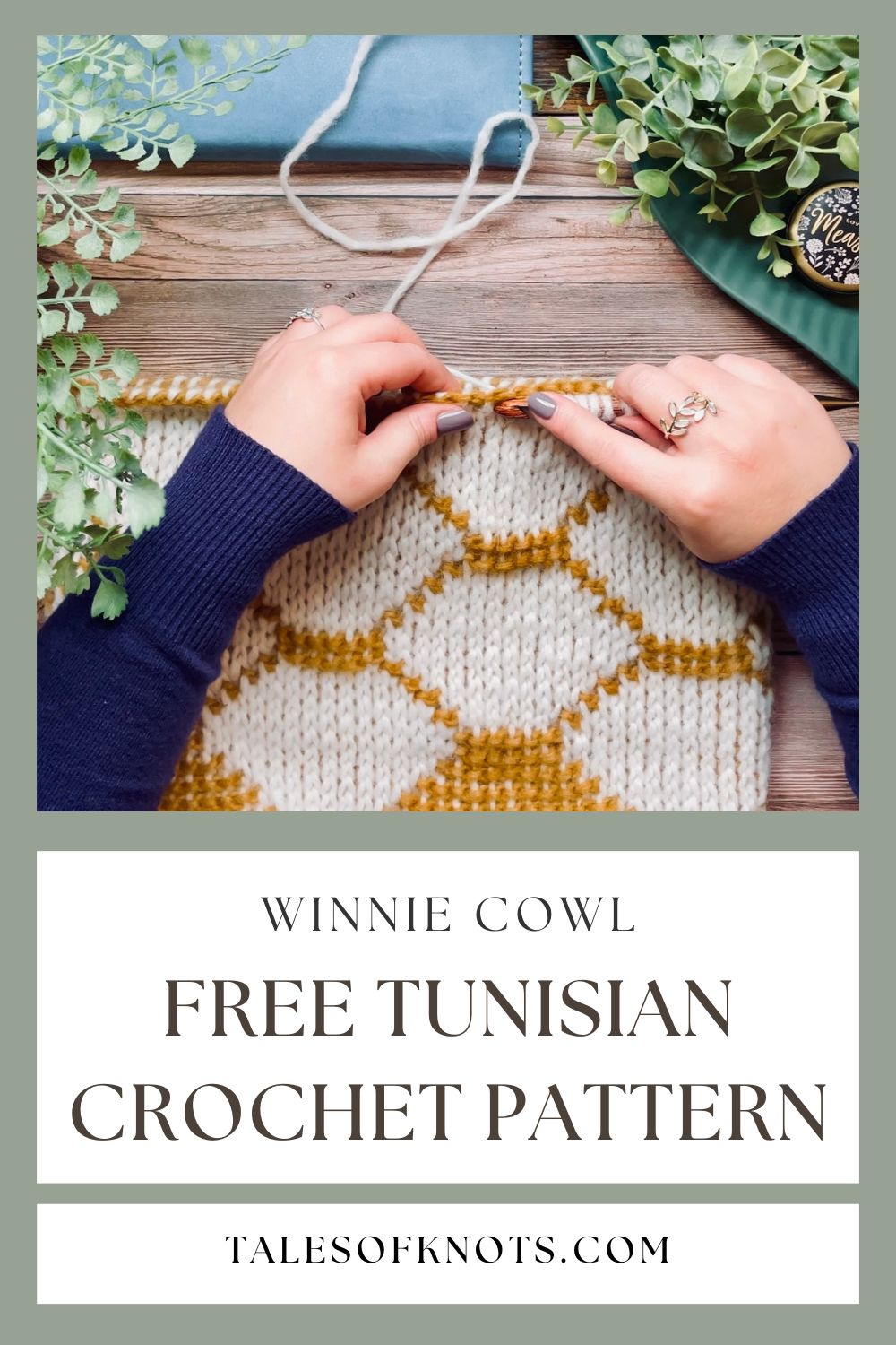 Hands working a cream and gold honeycomb tunisian crochet cowl pinterest graphic