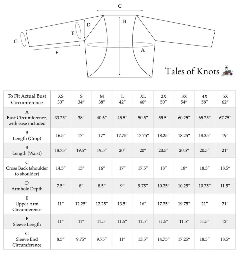 schematic with full sizing listed for each measurement of the cropped cardigan